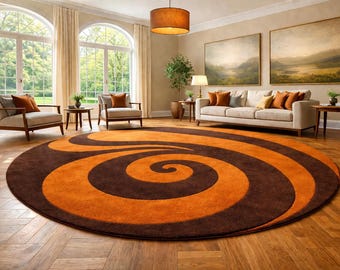 Hand Tufted Rug Round Retro Spiral Area Rug Brown Orange Swirl Mid Century Modern Aesthetic Abstract Floor Mat Custom Large Circle Carpet
