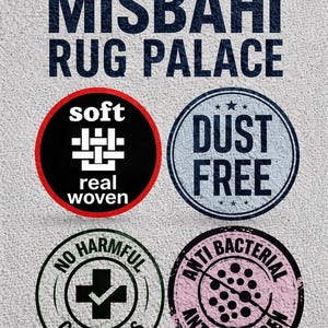 May include: MISBAHI RUG PALACE text above four circular icons. Icons feature text: soft real woven, DUST FREE, NO HARMFUL CHEMICALS with a checkmark, and ANTI BACTERIAL ANTI ALLERGEN with a dotted pattern. The background has a textured white surface.