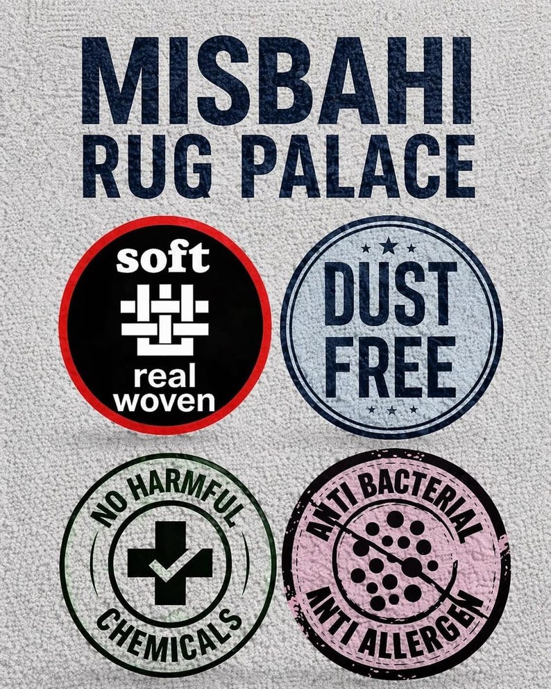May include: MISBAHI RUG PALACE text above four circular icons. Icons feature text: soft real woven, DUST FREE, NO HARMFUL CHEMICALS with a checkmark, and ANTI BACTERIAL ANTI ALLERGEN with a dotted pattern. The background has a textured white surface.