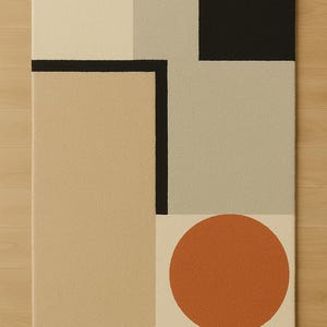 May include: A rectangular area rug featuring a geometric composition of solid color blocks. The design includes a large tan rectangle, a light gray section, a black square, a cream background, and a prominent burnt orange circle in the lower right.