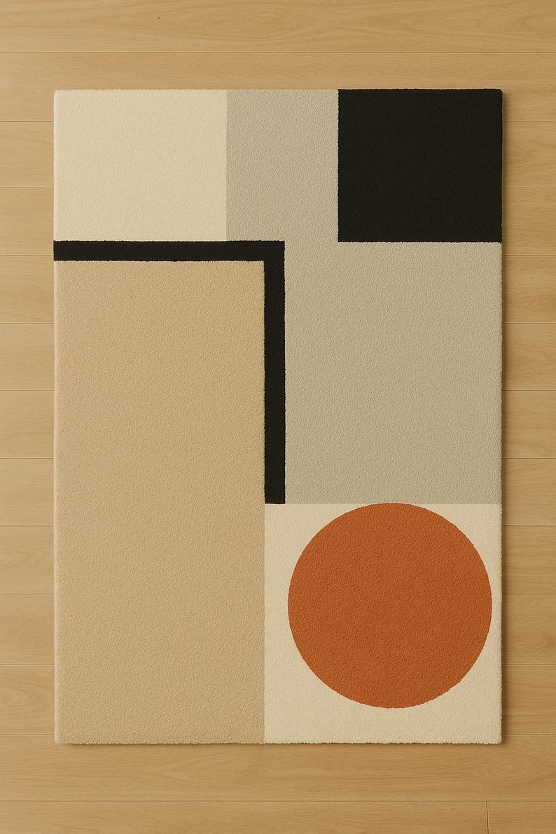 May include: A rectangular area rug featuring a geometric composition of solid color blocks. The design includes a large tan rectangle, a light gray section, a black square, a cream background, and a prominent burnt orange circle in the lower right.