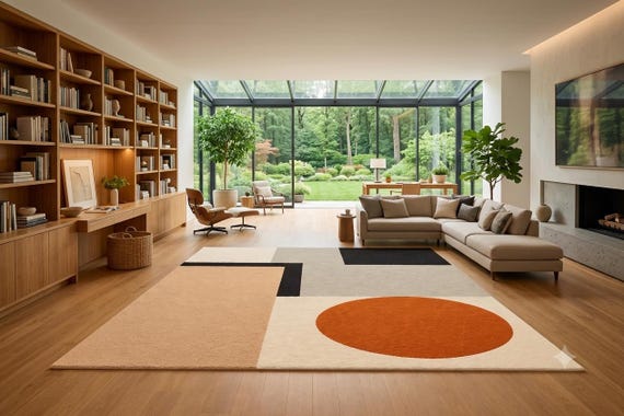 Hand Tufted Rug Geometric Mid Century Modern Wool Area Rug Color Block Large Abstract Living Room Carpet Terracotta Neutral Custom Floor Rug