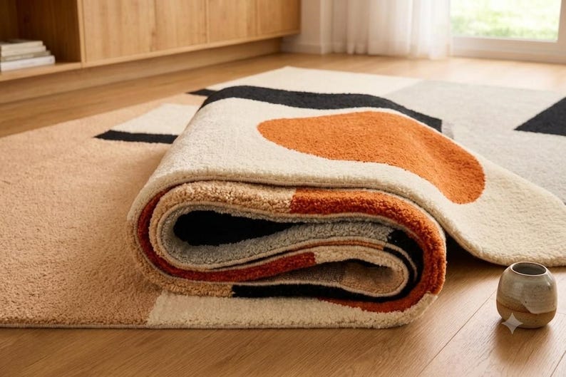 May include: A plush area rug featuring a geometric pattern with abstract shapes in burnt orange, cream, black, and tan. The rug is partially rolled, revealing a thick, textured pile and a layered design that combines solid color blocks with curved forms.