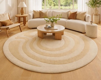 Hand-Tufted Wool Area Rug: Ivory & Warm Beige Round Carpet