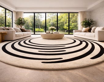 Round Wool Area Rug, Hand Tufted Black White Rug, Modern Abstract Carpet, Luxury Living Room Rug, Minimalist Round Floor Rug