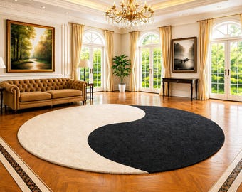 Hand Tufted Rug Round Yin Yang Black and White Area Rug Custom Minimalist Zen Balance Design Luxury Circle Floor Mat Modern Aesthetic Carpet