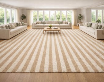 Hand-Tufted Woolen Rug: Ivory and Beige Striped Modern Carpet