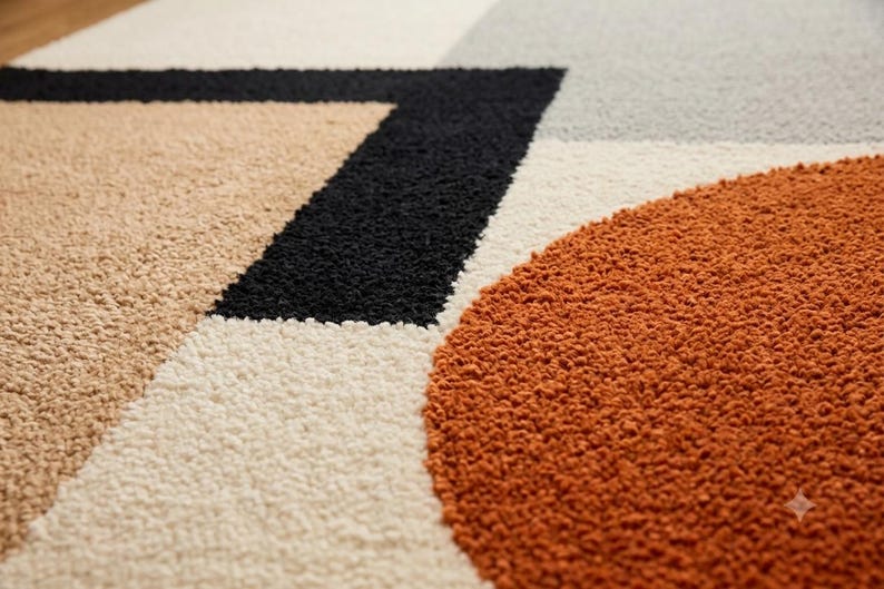 Hand Tufted Rug Geometric Mid Century Modern Wool Area Rug Color Block Large Abstract Living Room Carpet Terracotta Neutral Custom Floor Rug image 6