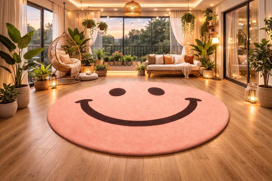 Buy Hand-tufted Wool Smiley Face Rug: Blush Pink & Brown Playful Kids ...