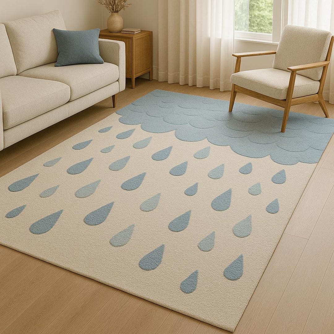 Cloud Pattern Rug Hand-tufted Wool Rug – Blue Raindrop Cloud Design, Modern Minimalist ...