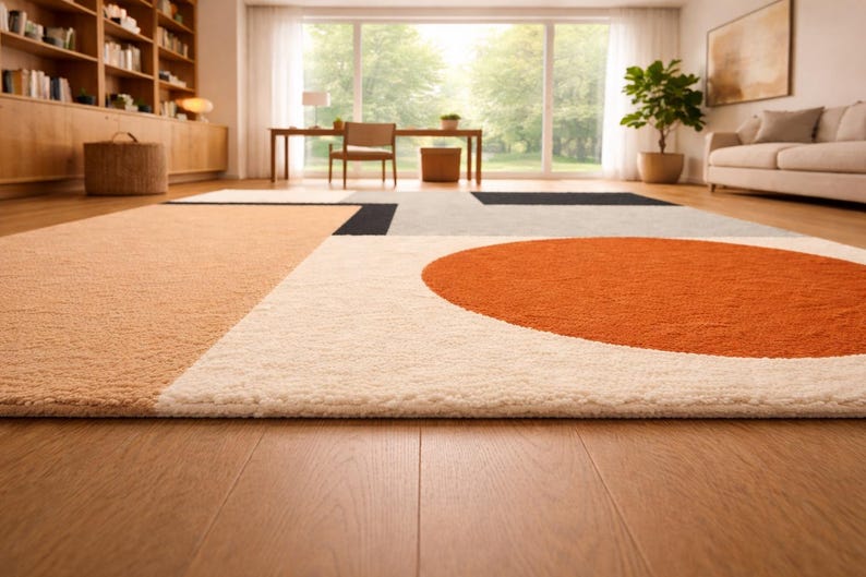 May include: A rectangular area rug featuring a geometric pattern with a large orange circle, a light beige section, a white field, and black accents. The rug has a textured, tufted pile surface and is laid flat on a light brown wooden floor.