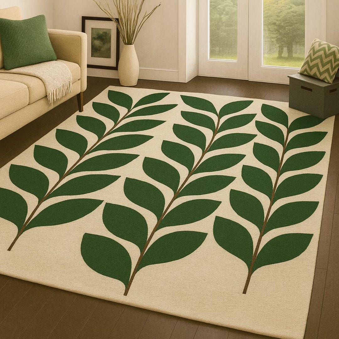 Handmade Green Leaf Pattern Rug | Beige Botanical Carpet | Modern ...