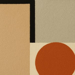 May include: A textured rug featuring a geometric composition of solid color blocks. The design includes a large burnt orange circle, a tan rectangle, a light gray square, a cream section, and bold black lines that intersect to form distinct shapes.