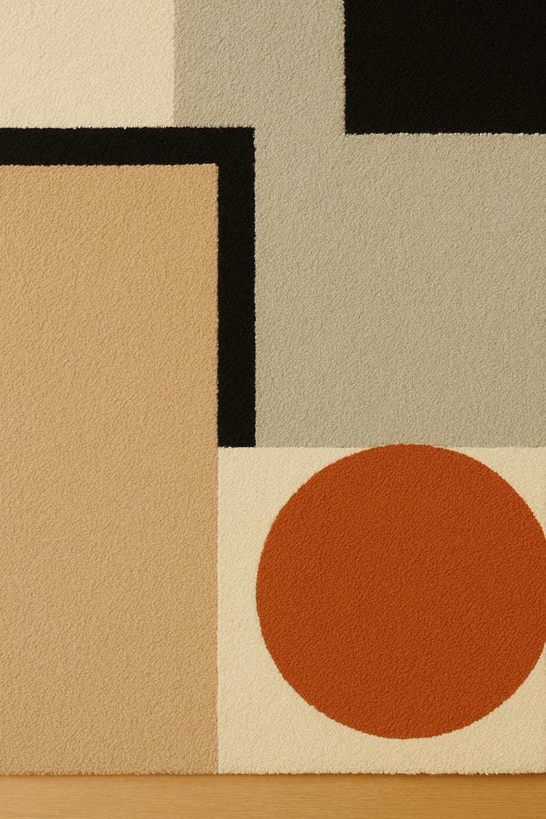 May include: A textured rug featuring a geometric composition of solid color blocks. The design includes a large burnt orange circle, a tan rectangle, a light gray square, a cream section, and bold black lines that intersect to form distinct shapes.