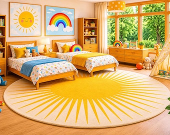 Yellow White Sunburst Round Wool Rug, Hand Tufted Modern Area Rug, Art Deco Round Carpet, Custom Size Living Room Decor