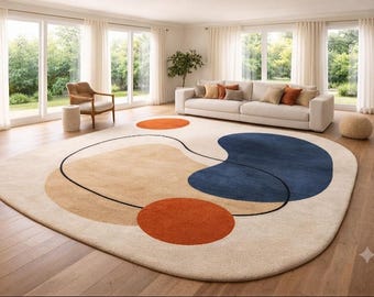 Abstract Hand Tufted Wool Rug, Round Organic Area Rug, Multicolor Modern Carpet, Scandinavian Handmade Wool Rug, Custom Size