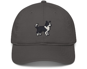 Gorra de béisbol bordada de algodón orgánico con diseño pixelado de Border Collie / Regalo para papás amantes de los perros