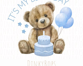 Bear Birthday PNG, Cute Teddy Bear Clipart, Digital Download for First Birthday, Sublimation Design, Party Decor