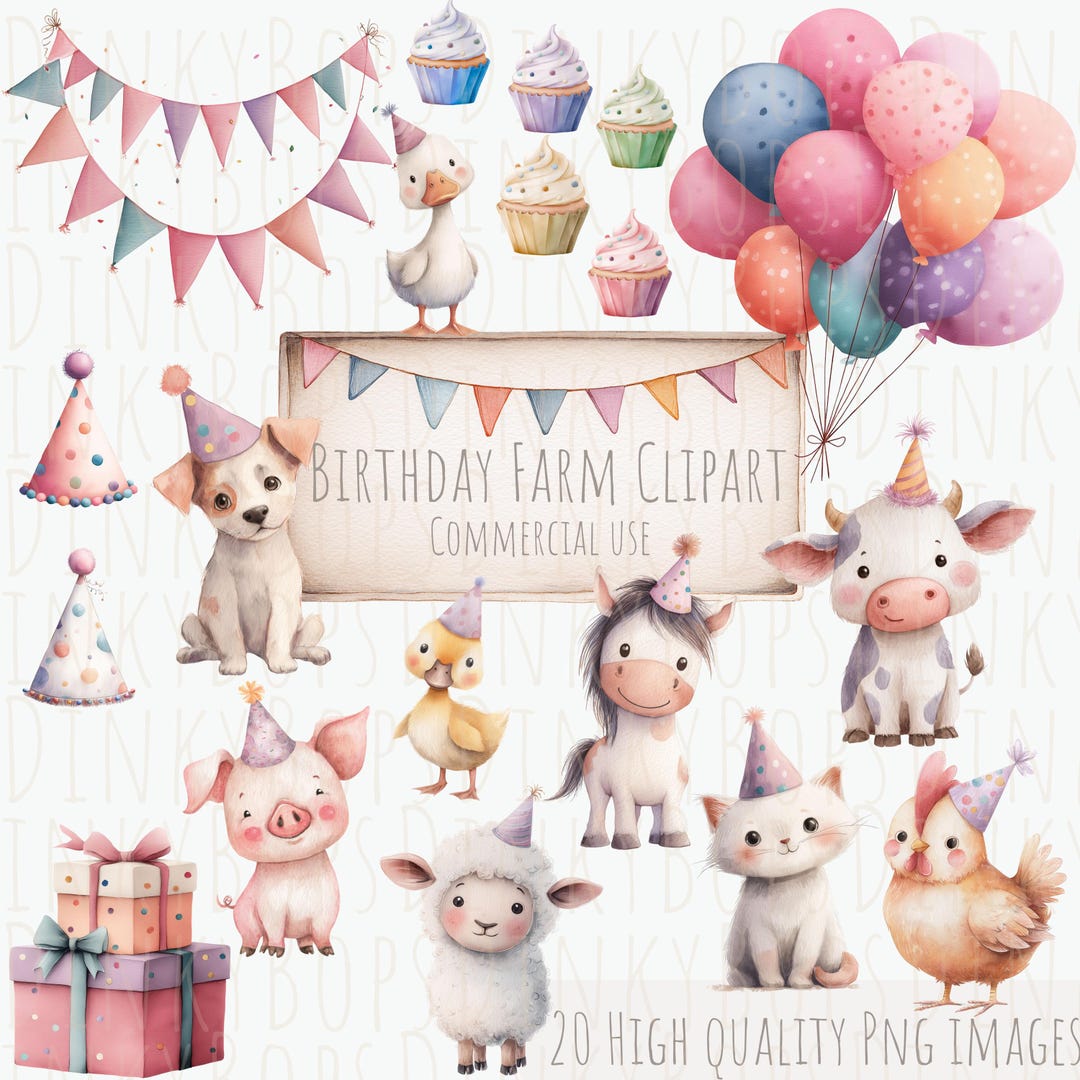 Watercolor Farm Birthday Clipart, Cute Animal Pngs for Kids Party ...