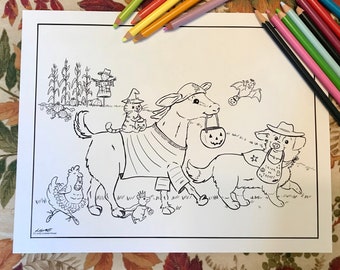 Printable Coloring Page—Trick or Treat Down on the Farm, an artist made, hand drawn instant download coloring page for Halloween