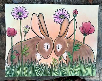 Wild Rabbits 8.5x11 Art Print, Woodland Storybook Illustration, Floral, Botanical, Wildlife Art