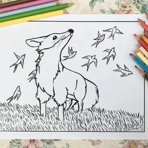 Printable Coloring Page—The Fox On The Hill, a hand drawn, artist made illustration to download, print, and color