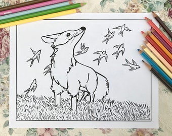 Printable Coloring Page—The Fox On The Hill, a hand drawn, artist made illustration to download, print, and color