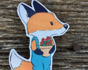 Fox Sticker, Flower Farmer, Gardener Fox with Begonias, Artist Made Vinyl Waterproof Sticker