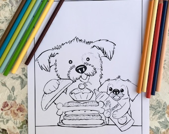 Printable Instant Download—The Perfect Burger, a hand drawn, artist made coloring page for dog lovers