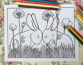 Printable Coloring Page—Wild Rabbits, a hand drawn, artist made illustration to download, print, and color