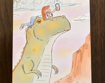 Selfiesaurus, 5x7 Matte Print T-Rex Dinosaur and Child, Children’s Book Illustration, Storybook Art