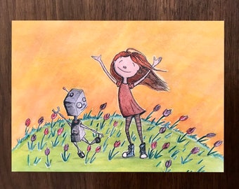 Tulips on Sprocket St., 5x7 Matte Print of Little Girl and Robot, Children’s Book Illustration, Storybook Art