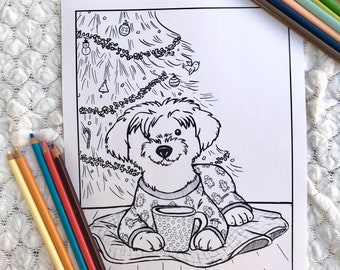 Printable Instant Download—Luna’s Pajamas, A Hand Drawn, Artist Made Dog Coloring Page for Christmas