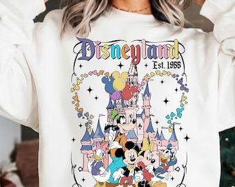 Retro Theme Park Mouse Friends PNG with Castle and Balloons, Vintage Cartoon Style Clipart for Sublimation, T Shirt Printing