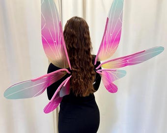 Alas de hada iridiscentes transparentes, disfraz de hada para adultos, 4 alas de libélula, alas grandes azules y rosas para adultos, alas de hada para disfraz de adulto