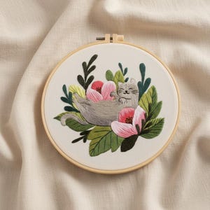 Borduurpakket Zwarte Kat voor Beginners – DIY Handwerkset met Planten, Ontspannende Kruissteekset voor Volwassenen en Handwerkliefhebbers