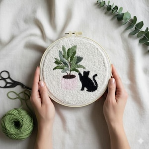 Zwarte kat en Monstera Punch Needle borduurset - DIY handgemaakte wanddecoratie - cadeau voor kattenliefhebbers