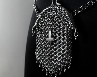 Porte-monnaie gothique victorien en cotte de mailles, sac en acier inoxydable avec croix