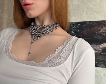 Collier ras-de-cou byzantin en cotte de mailles et acier inoxydable