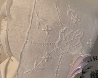 White Embroidered Handkerchief Bonnet