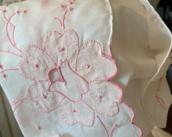 Large Hanky Bonnet with Pink Embroidery