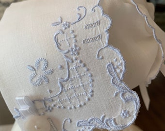 White Bonnet Embroidered in Blue