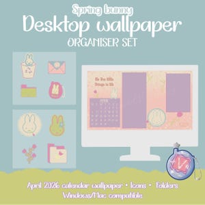 Puede incluir: Un conjunto organizador de fondo de pantalla de escritorio con un tema de conejito de primavera. El diseño incluye un calendario para abril de 2026, iconos y carpetas. La paleta de colores presenta rosas, morados y verdes pastel. El texto dice "Spring bunny Desktop wallpaper ORGANISER SET".