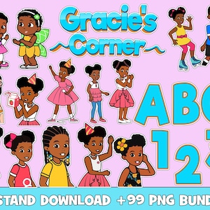Può includere: Un'illustrazione digitale con il testo "Gracie's Corner" in blu e oro, e personaggi dei cartoni animati di bambini in vari abiti. L'immagine include le lettere "ABC" e i numeri "123" in blu, e il testo "INSTAND DOWNLOAD +99 PNG BUNDLE".