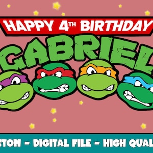 May include: A digital graphic featuring the Teenage Mutant Ninja Turtles with the text "HAPPY 4TH BIRTHDAY GABRIEL". The turtles are green with different colored masks: purple, red, orange, and blue. The background is pink with yellow stars.