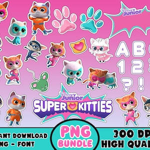May include: A collection of cartoon Super Kitties characters in various poses, with masks and superhero outfits, on a pink background. Includes paw prints, letters, numbers, and the text "Disney Junior Super Kitties".