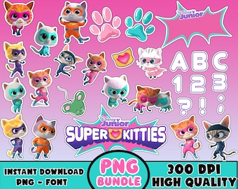 Può includere: Una collezione di personaggi dei cartoni animati Super Kitties in costumi da supereroi, su sfondo rosa. Include impronte di zampe, lettere, numeri e il testo "Disney Junior Super Kitties".