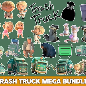 Puede incluir: Una colección de pegatinas de dibujos animados con personajes, camiones de basura, animales y un contenedor de basura. El texto "Trash Truck" está escrito en una fuente lúdica, y las palabras "Trash Truck Mega Bundle" están en la parte inferior.