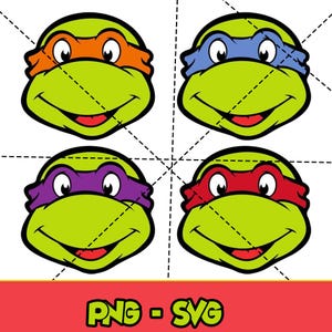 Könnte beinhalten: Vier Cartoon-Schildkrötengesichter mit unterschiedlich farbigen Masken: orange, blau, lila und rot. Die Schildkröten haben grüne Haut, weiße Augen und lächelnde rote Münder. Das Bild enthält den Text "PNG - SVG" in einem rot-gelben Banner.