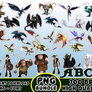 May include: A selection of colourful dragon and character PNG images from the "How to Train Your Dragon" franchise. The images include various dragons in flight and standing, along with several human characters. The image also includes the text "PNG Bundle" and "High Quality".